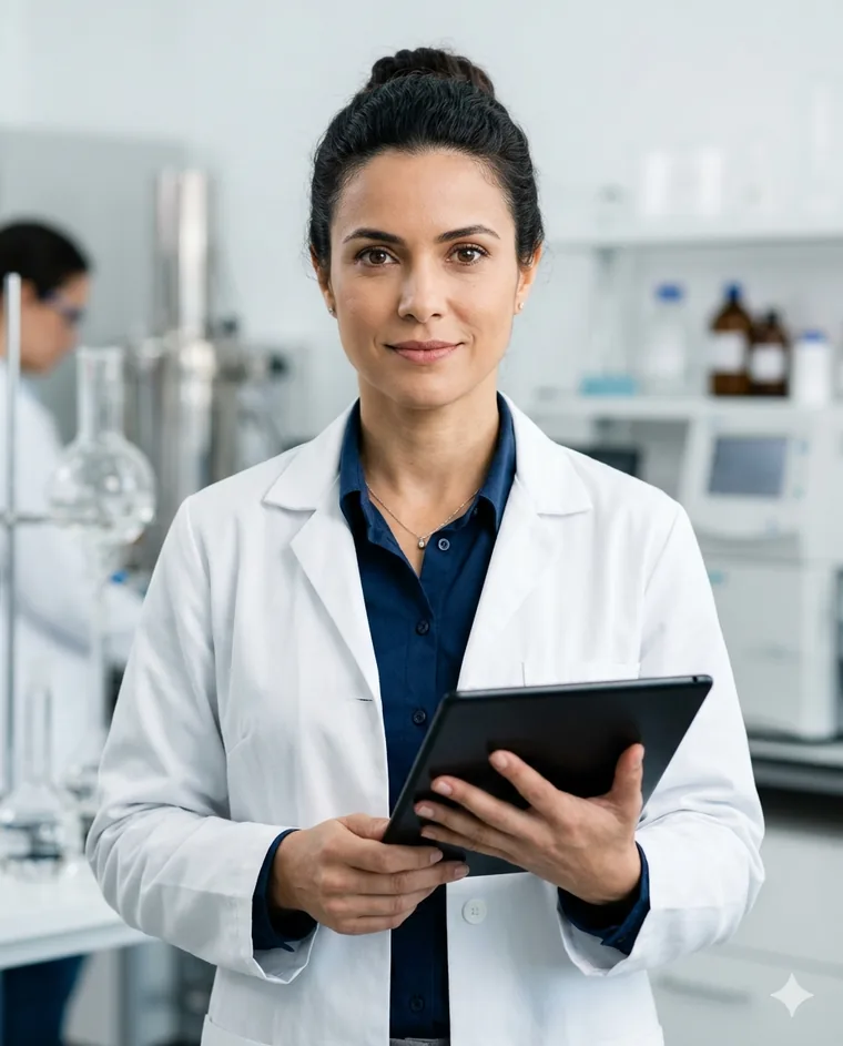 Analista de qualidade com tablet em laboratório