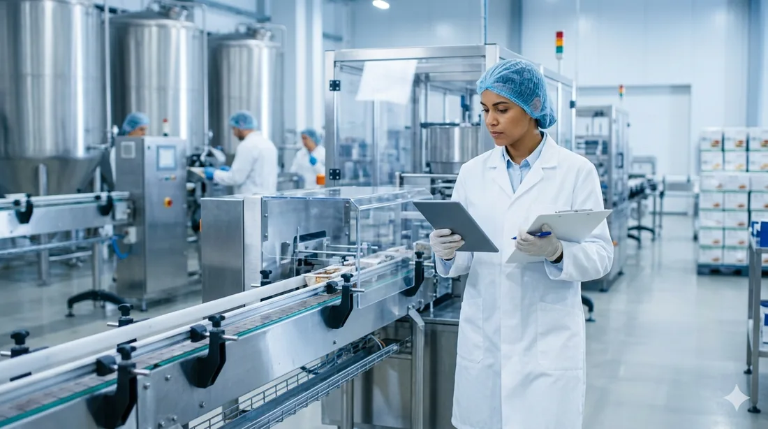 Técnica na linha de produção de alimentos com tablet