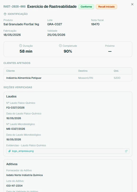Detalhe de um exercício de rastreabilidade no SGQ Tech: lote de sal granulado, clientes afetados, laudos e aditivos, com recall iniciado